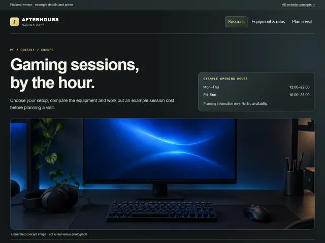 AFTERHOURS fictional gaming café website concept