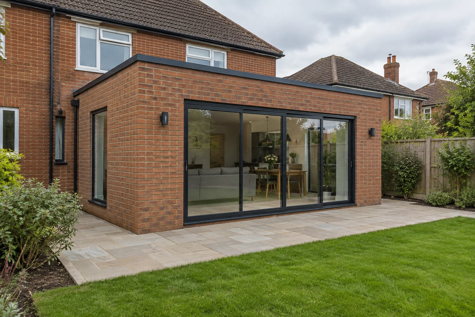 Generated concept of a rectangular contemporary extension to a British brick home