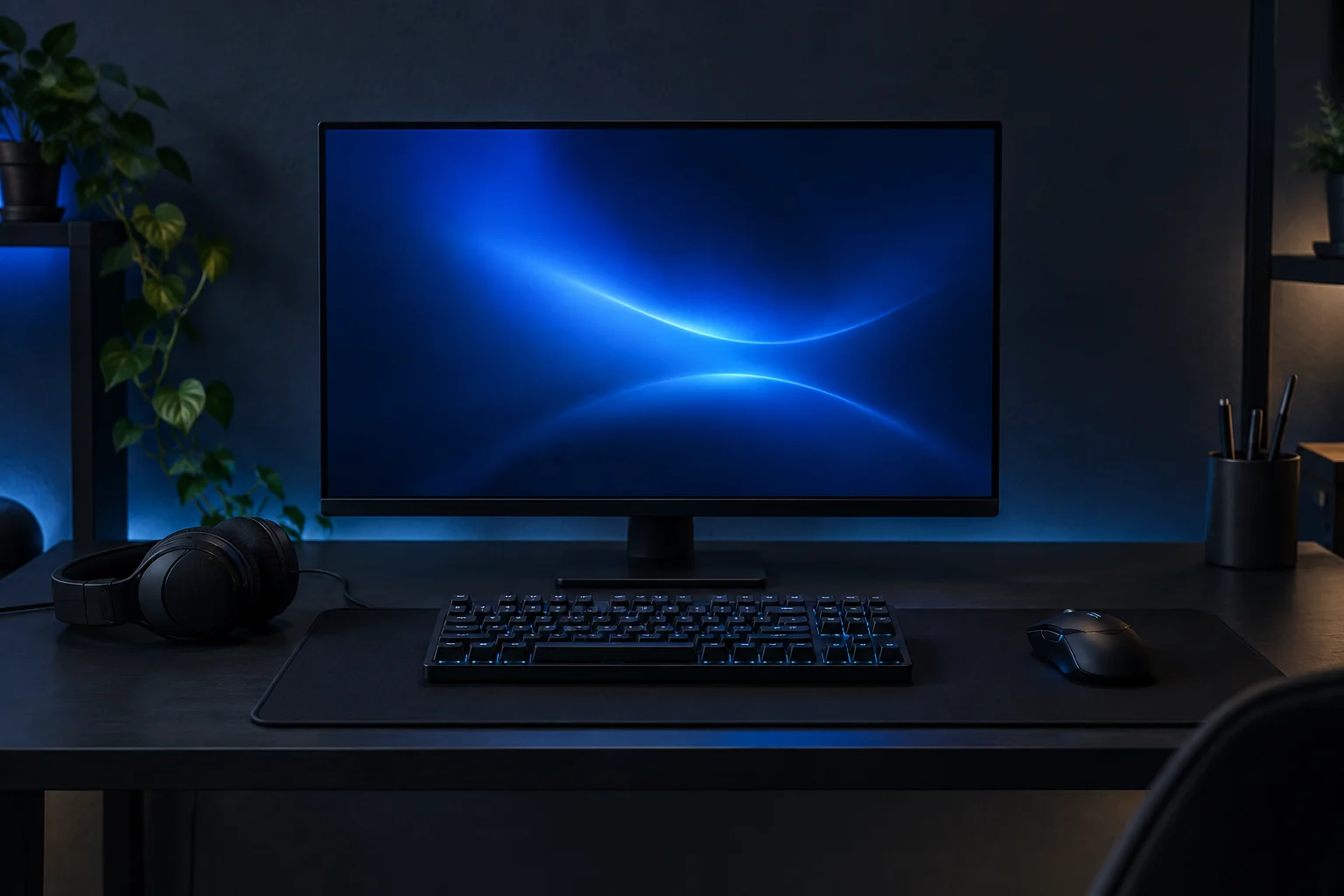 Gaming desk concept with one monitor, a keyboard, mouse and headset in a softly lit room