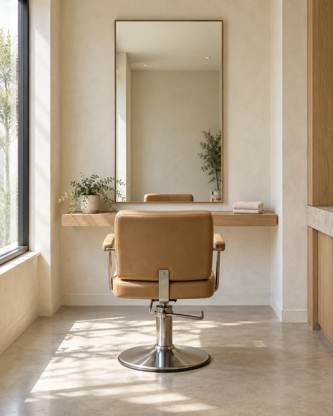An empty salon styling station in a generated concept image